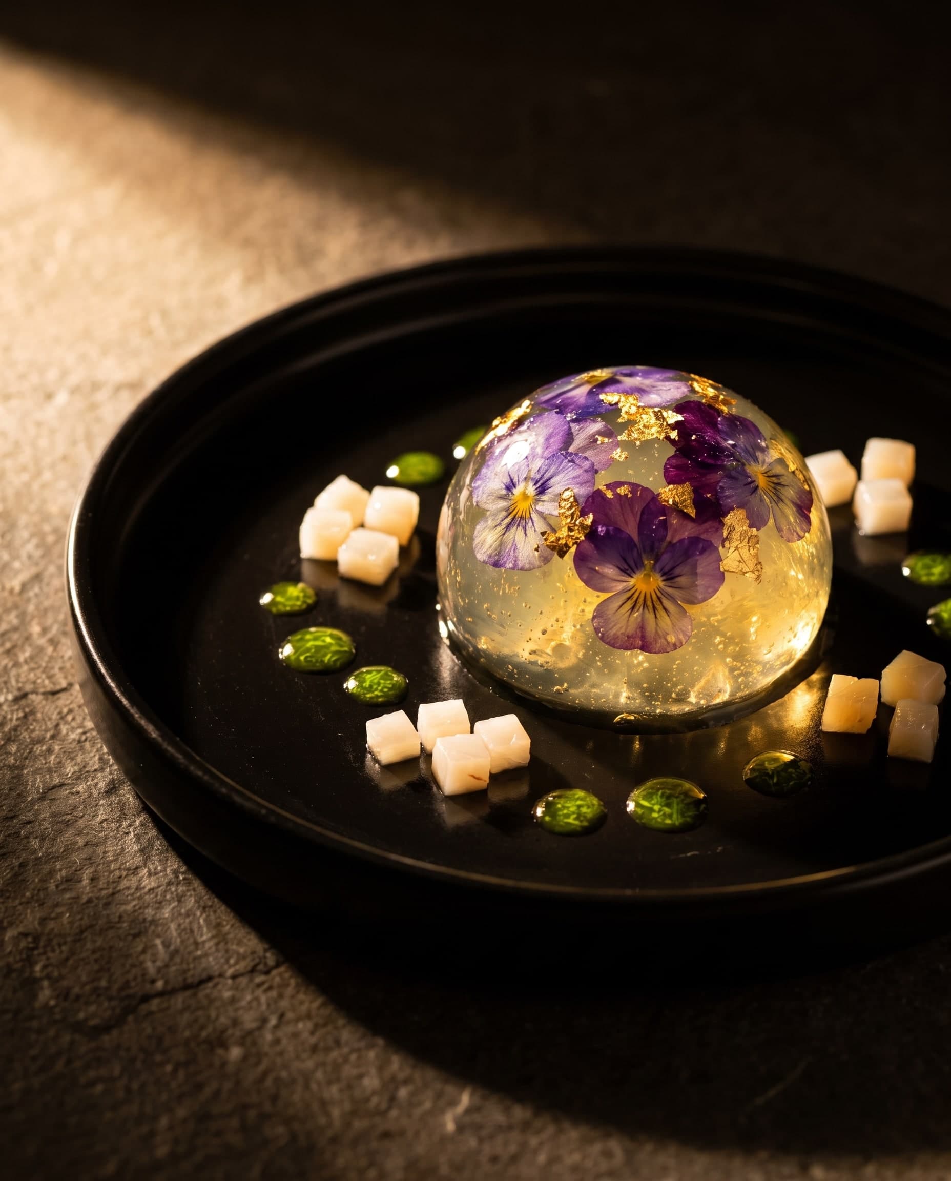 Dôme de gelée translucide avec des violettes comestibles et de la feuille d’or, petits cubes blancs et gouttes d’huile verte sur une assiette noire