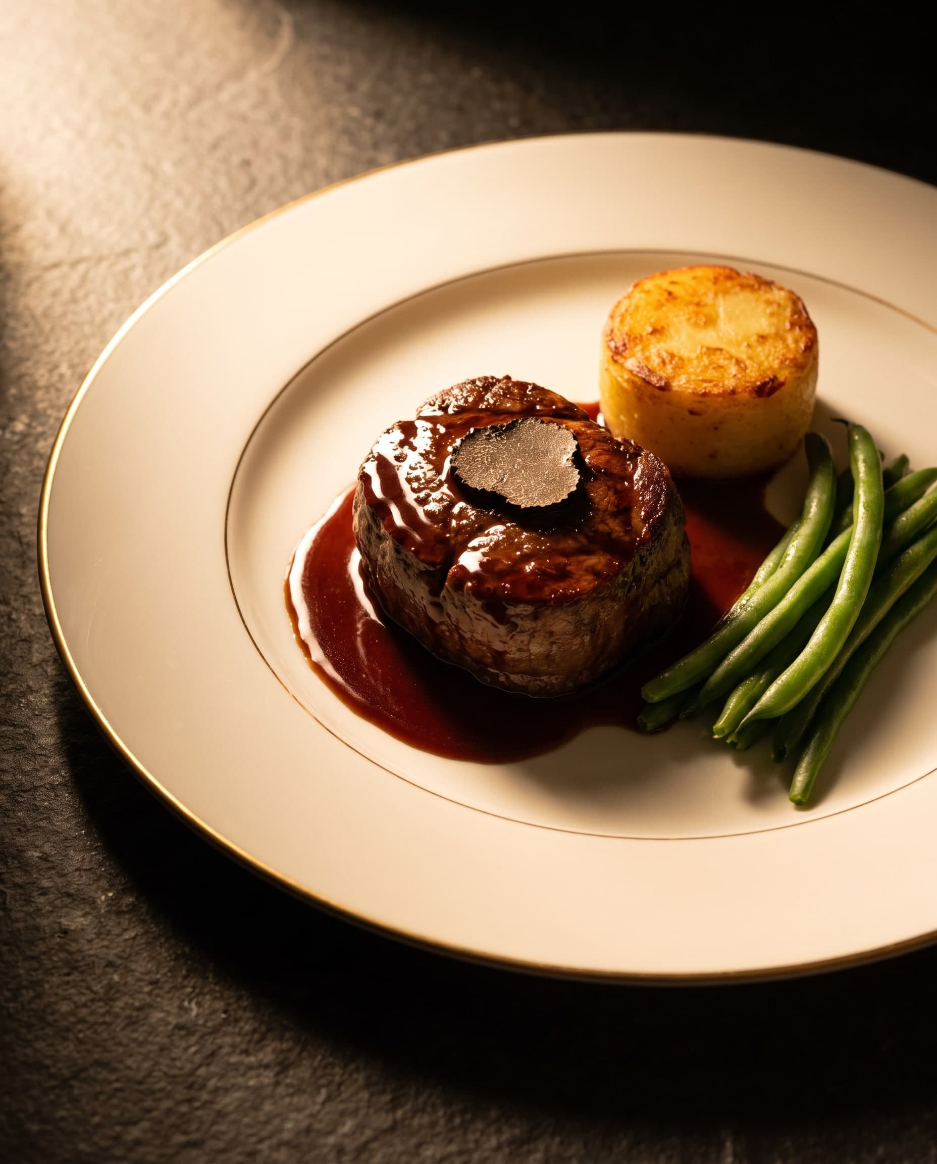 Médaillon de filet de bœuf avec une lamelle de truffe, jus sombre au vin rouge, pomme fondante et haricots verts sur porcelaine blanche à liseré doré