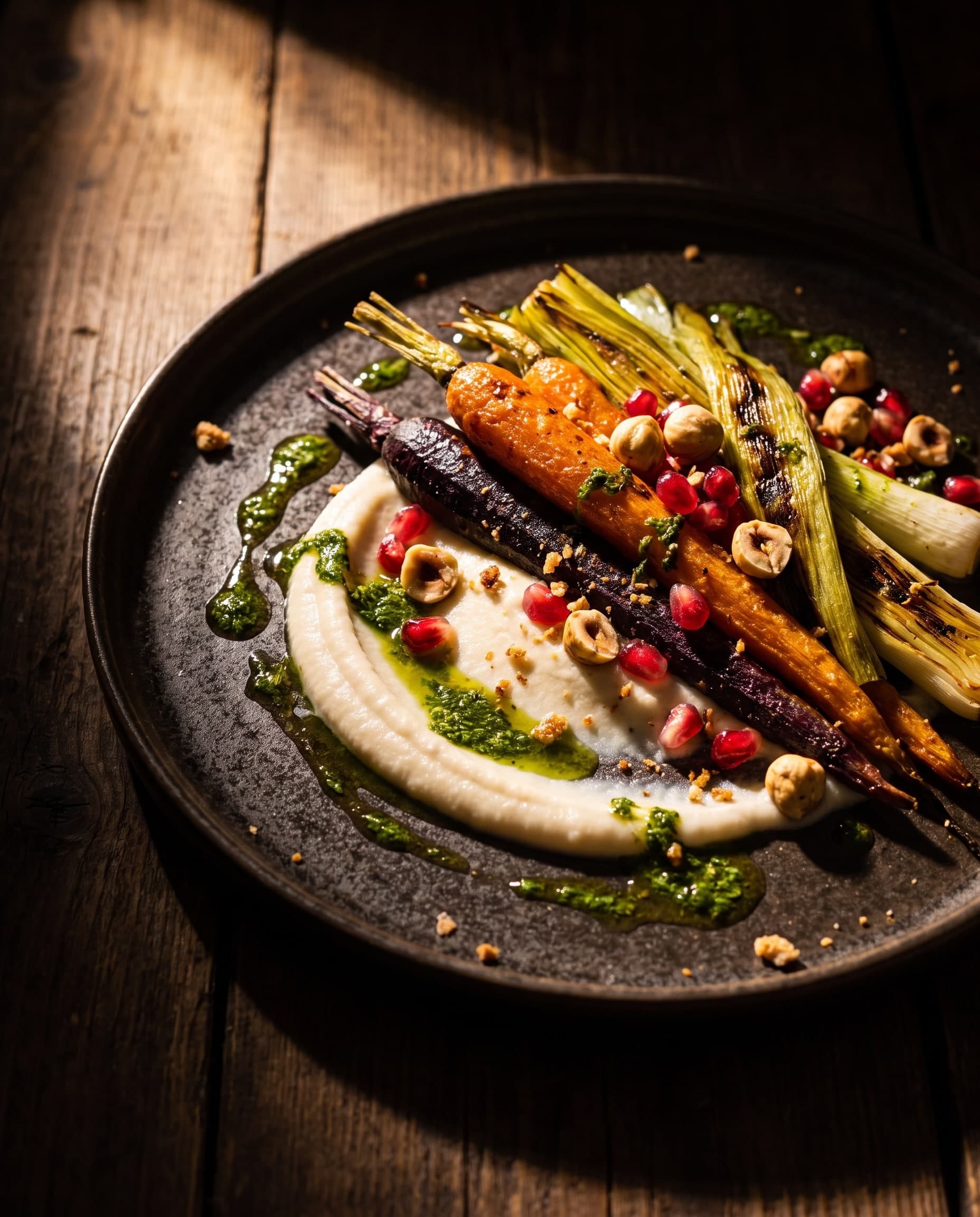 Carottes orange et violettes rôties, poireau grillé, huile aux herbes, noisettes et graines de grenade sur une purée claire