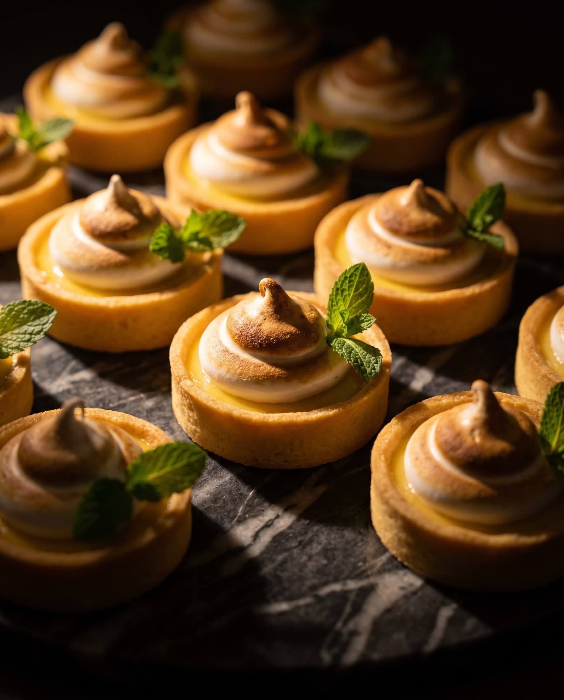 Rangées de petites tartelettes au citron, meringue brûlée et feuilles de menthe sur marbre sombre